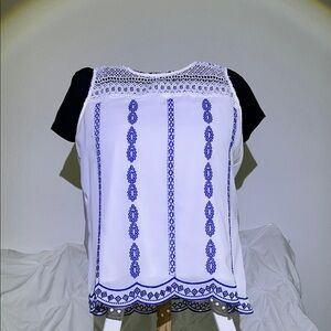 Skies Are Blue Black and White Blouse with Blue Embroidery